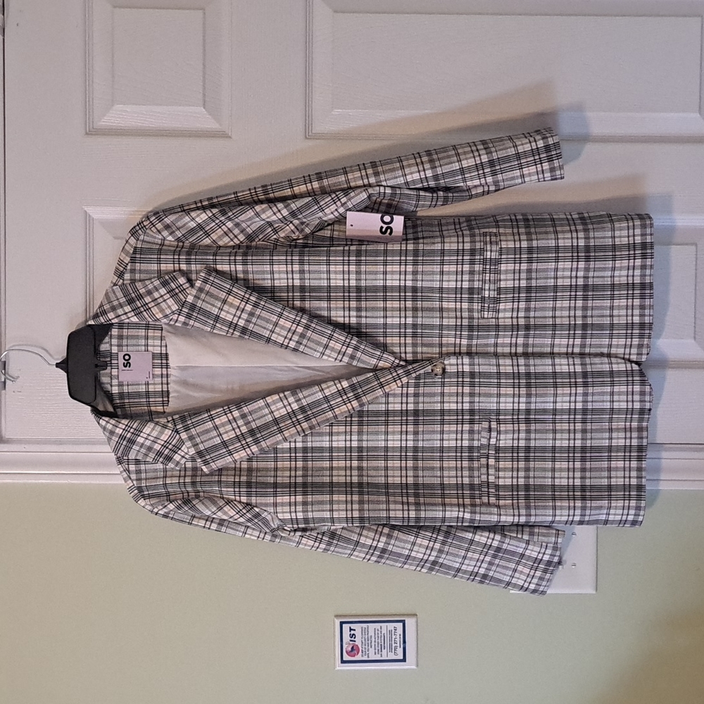 SO Plaid Single-Button Blazer Jacket in Cream and Gray